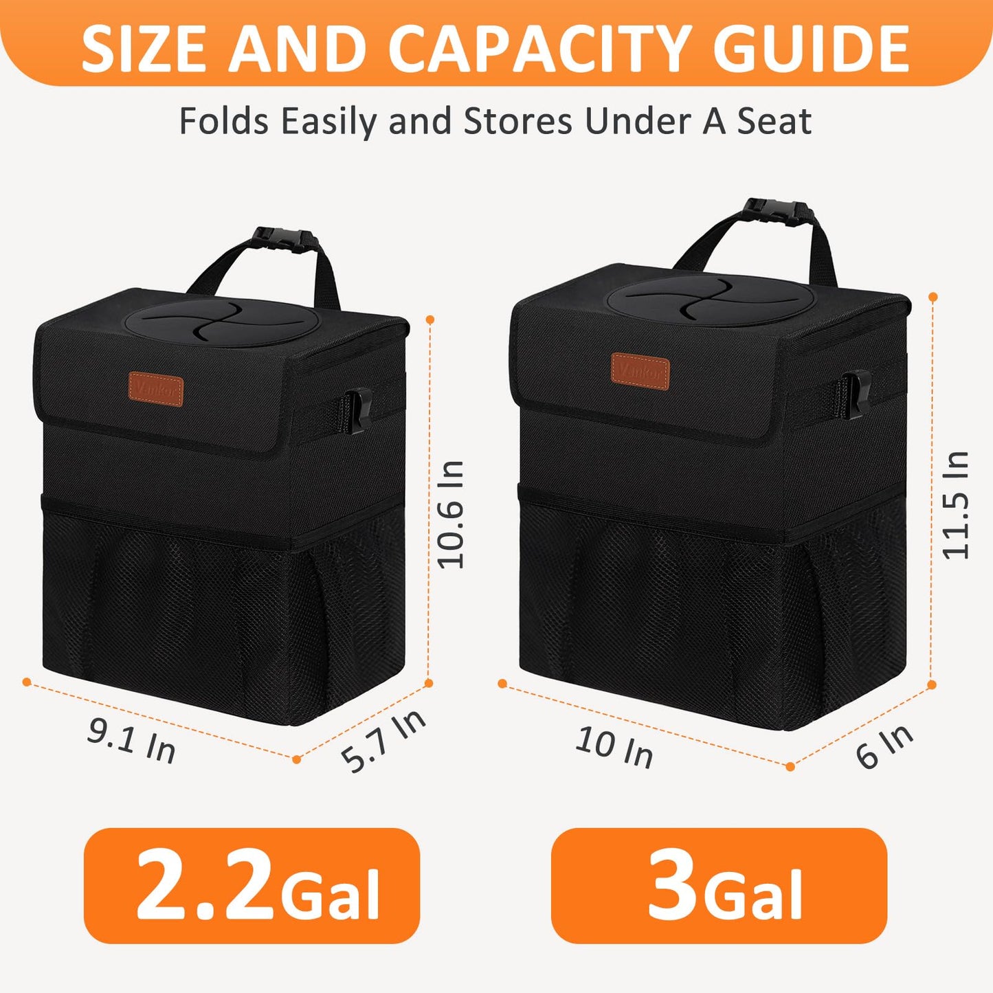 Vankor Car Trash Can with Lid – Leakproof Black